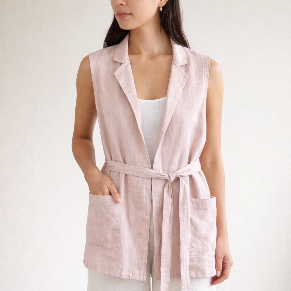 100% LINEN LONGLINE BELTED TUNIC VEST WITH POCKETS WASHED PINK SIZE MEDIUM